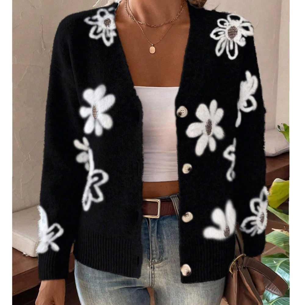 Cozy Floral Print Fuzzy Button Down Oversized Cardigan - Picture 4 of 11